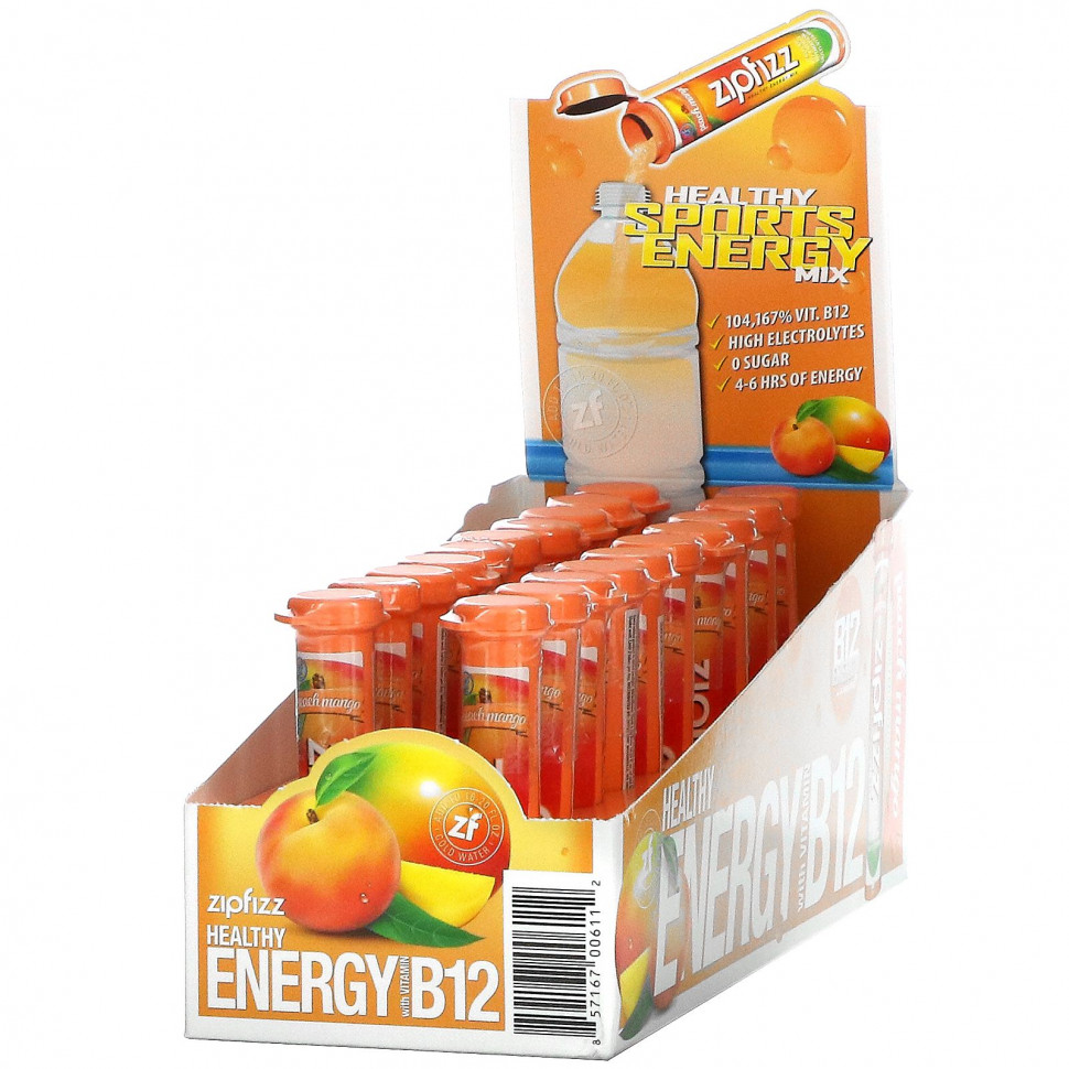   Zipfizz, Healthy Energy Mix With Vitamin B12, Peach Mango, 20 Tubes, 0.39 oz (11 g) Each    -     -,    