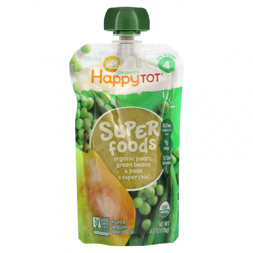   Happy Family Organics, Happytot, Superfoods, Organic Pears, Green Beans & Peas + Super Chia, 4.22 oz (120 g)    -     -,    