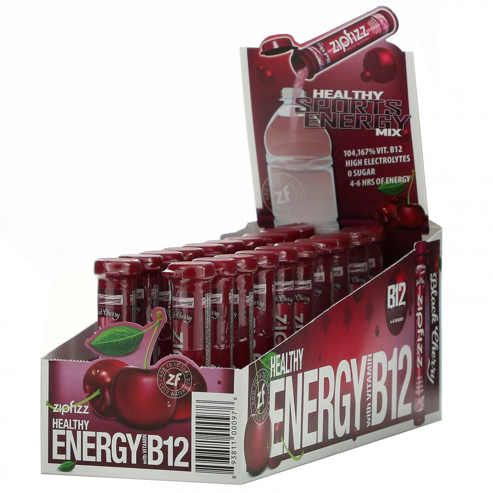   Zipfizz, Healthy Energy Mix With Vitamin B12, Black Cherry, 20 Tubes, 0.39 oz (11 g) Each    -     -,    