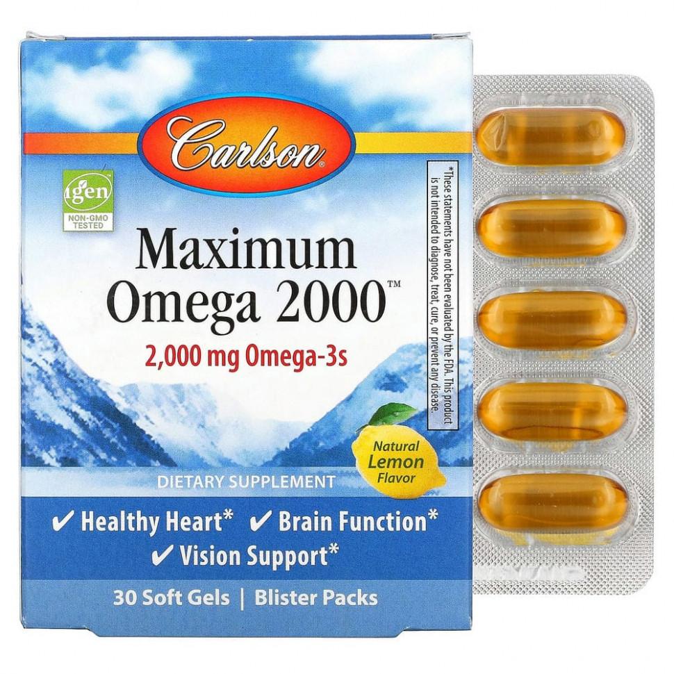   Carlson Labs, Maximum Omega 2000, Natural Lemon, 1,000 mg, 30 Softgels    -     -,    