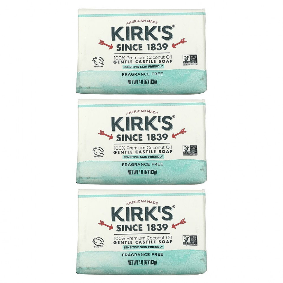   Kirk's, Gentle Castile Soap Bar, Fragrance Free, 3 Bars, 4.0 oz (113 g) Each    -     -,    