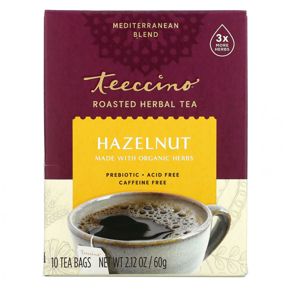   Teeccino, Roasted Herbal Tea, Hazelnut, Caffeine Free, 10 Tea Bags, 2.12 oz (60 g)    -     -,    