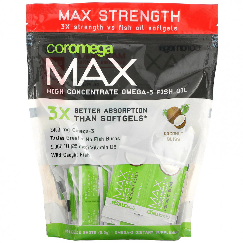   Coromega, Max High Concentrate Omega-3 Fish Oil, Coconut Bliss, 90 , 2,5      -     -,    