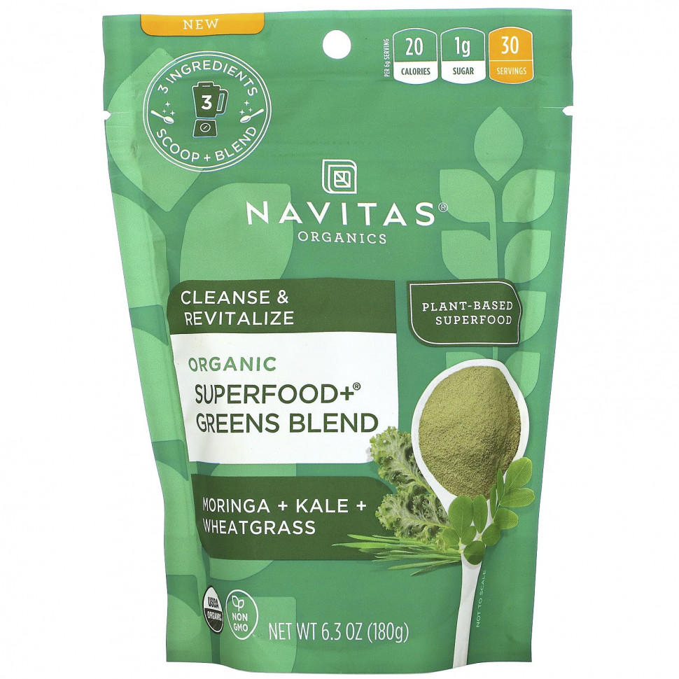   Navitas Organics, Organic Superfood+ Greens Blend, Moringa + Kale + Wheatgrass, 6.3oz (180 g)    -     -,    