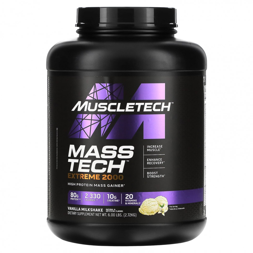   MuscleTech, Mass Tech Extreme 2000, Vanilla Milkshake, 6 lbs (2.72 kg)    -     -,    