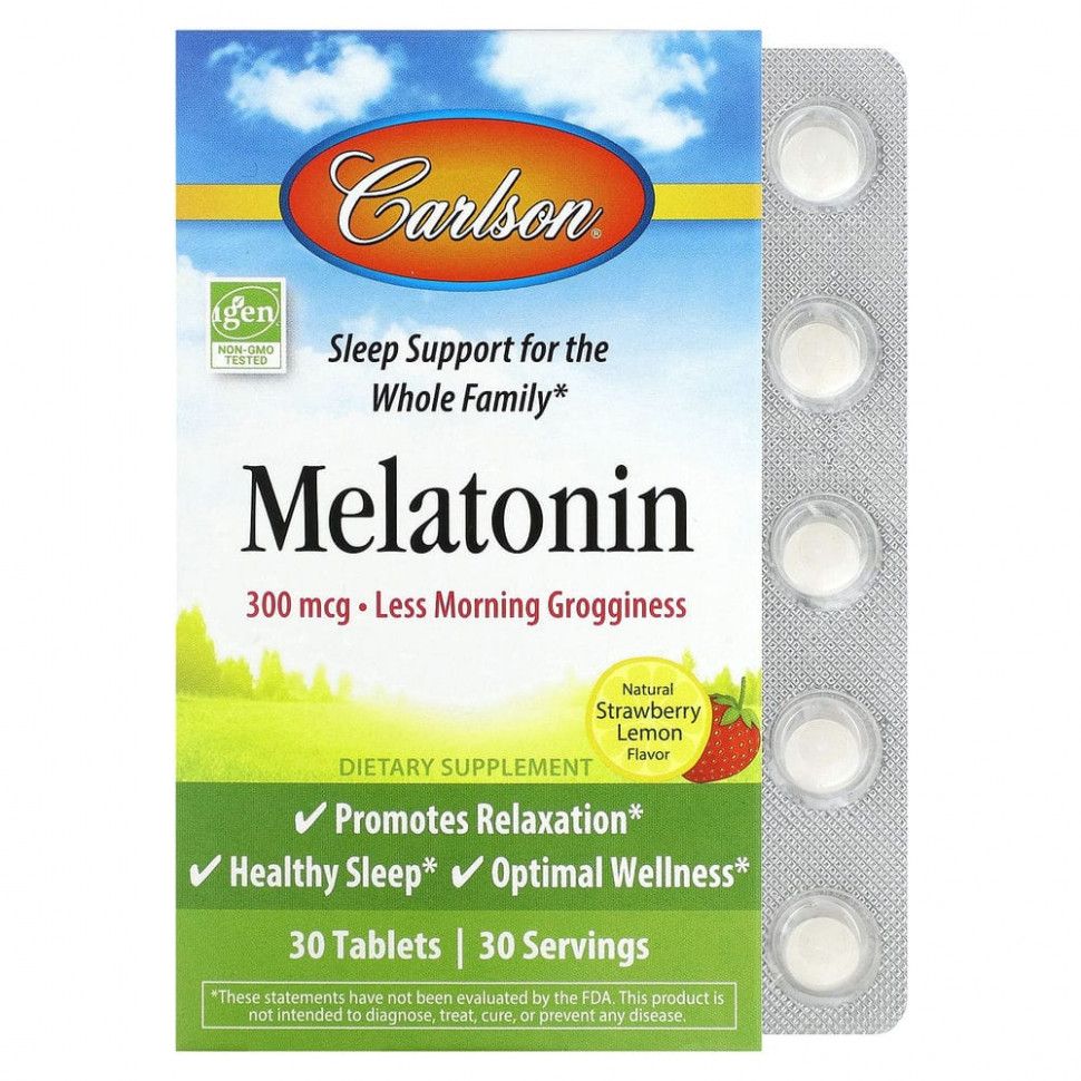   Carlson, Melatonin, Natural Strawberry Lemon , 300 mcg, 30 Tablets    -     -,    