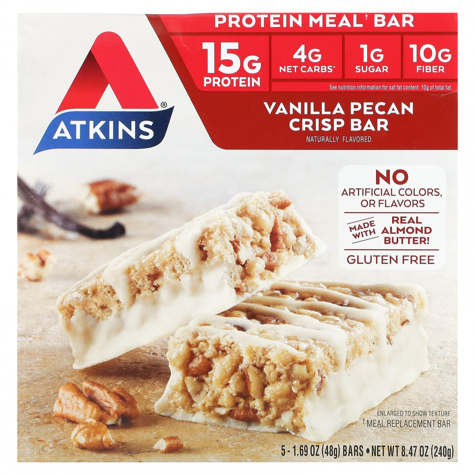   Atkins, Protein Meal Bar, Vanilla Pecan Crisp Bar, 5 Bars, 1.69 oz (48 g) Each    -     -,    