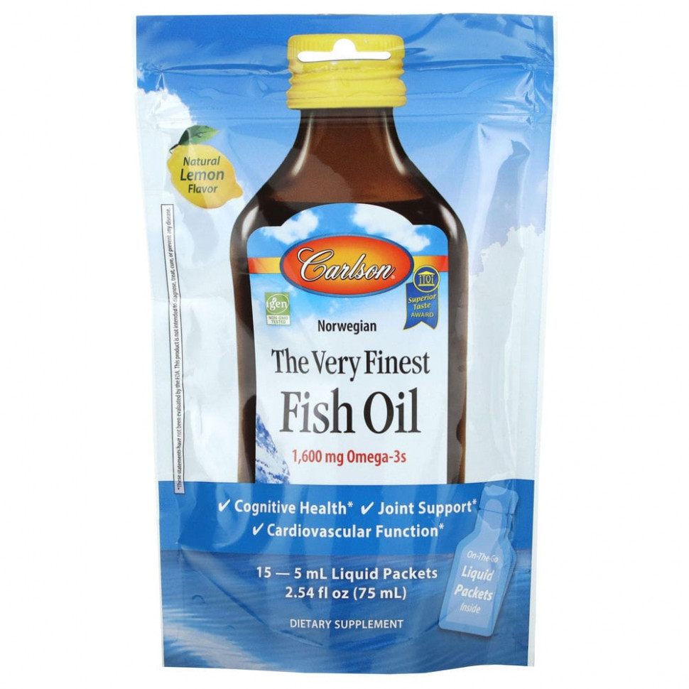   Carlson, Norwegian, The Very Finest Fish Oil, Natural Lemon, 1,600 mg, 15 Packets, (5 ml) Each    -     -,    