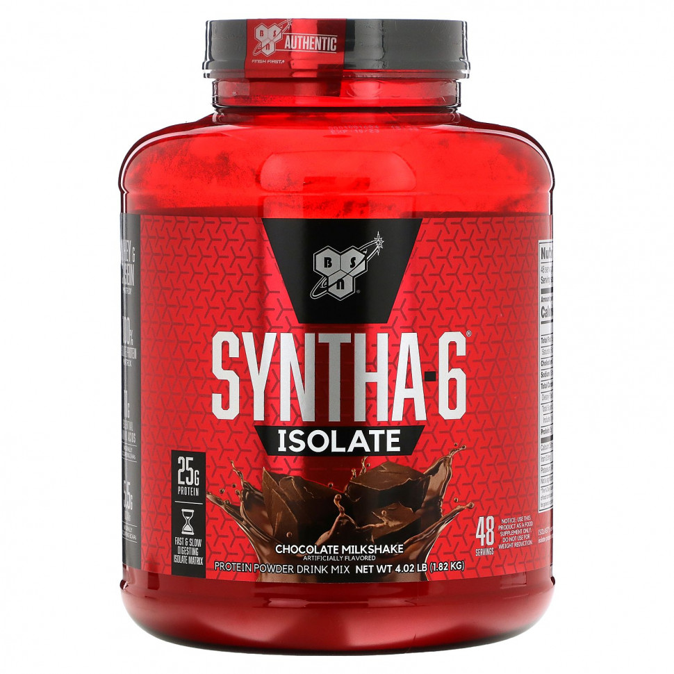   BSN, Syntha-6 Isolate, Protein Powder Drink Mix, Chocolate Milkshake, 4.02 lbs (1.82 kg)    -     -,    