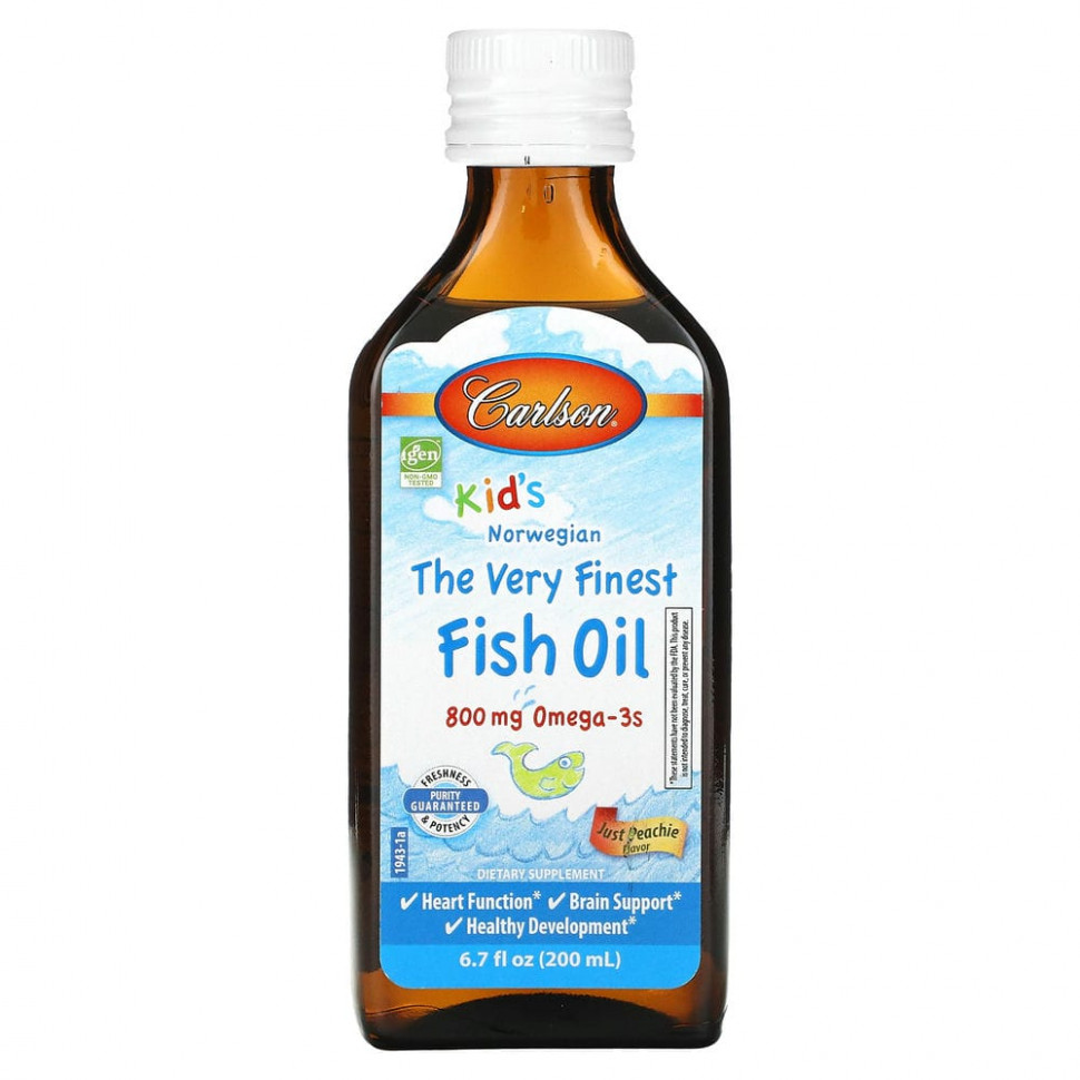   Carlson, Kids Norwegian, The Very Finest Fish Oil, Just Peachie, 800 mg, 6.7 fl oz (200 ml)    -     -,    