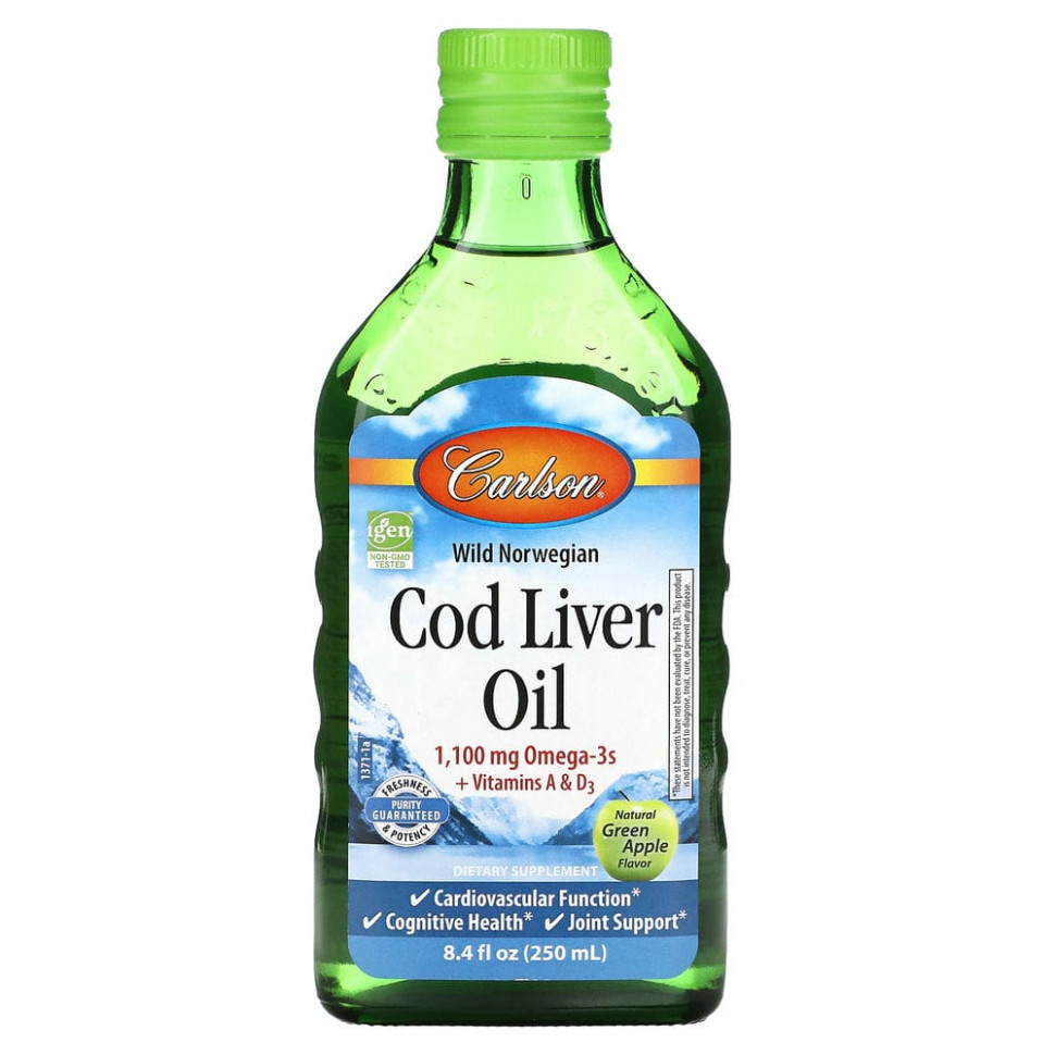   Carlson, Cod Liver Oil, Natural Green Apple , 1,100 mg, 8.4 fl oz (250 ml)    -     -,    