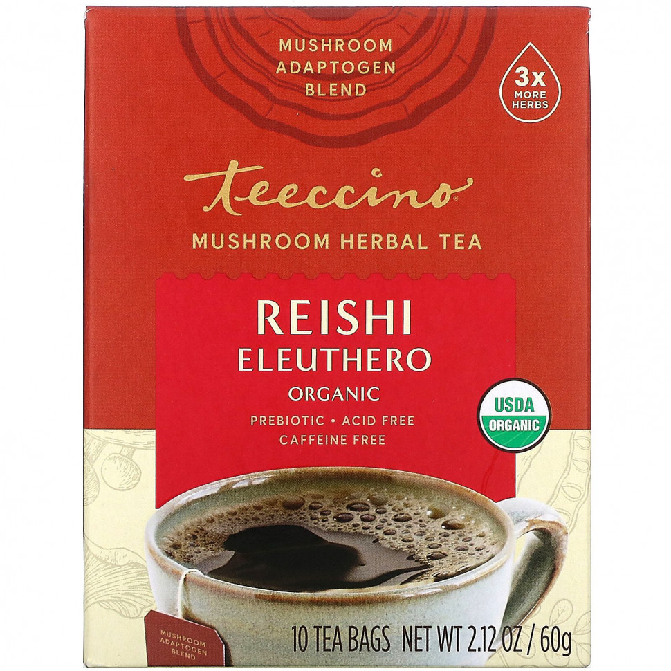   Teeccino, Mushroom Herbal Tea, Organic Reishi Eleuthero, French Roast, Caffeine Free, 10 Tea Bags, 2.12 oz (60 g)    -     -,    